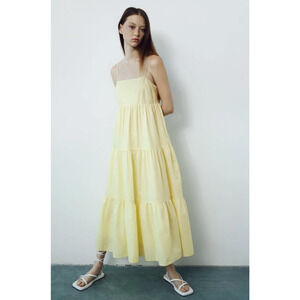 ZARA Cotton Paneled Tiered Maxi Dress Soft Yellow {GG19}